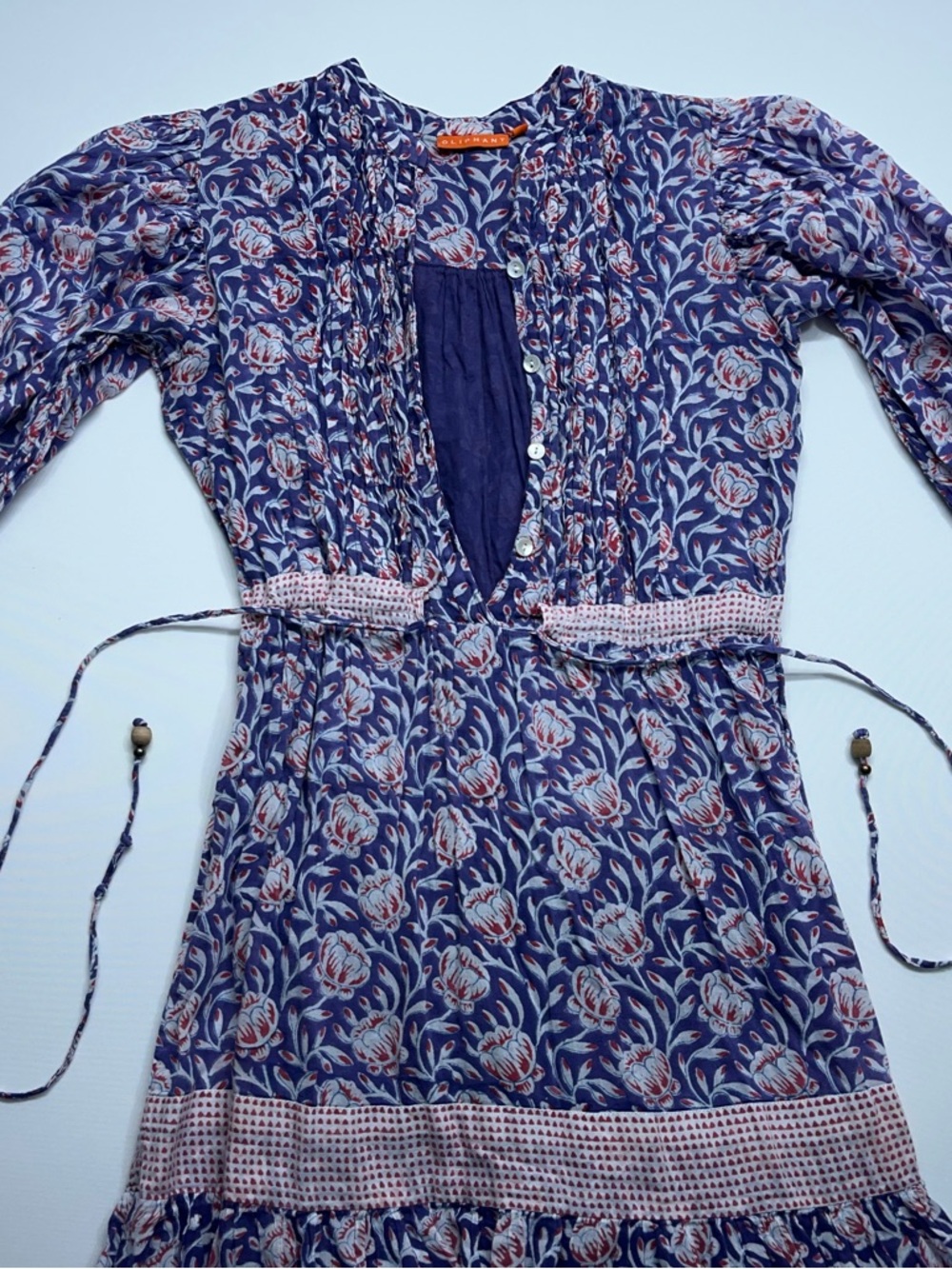 Oliphant Tuckernuck Dress Womens XS Button Front 3/4 Sleeve Maxi Blue Red Floral